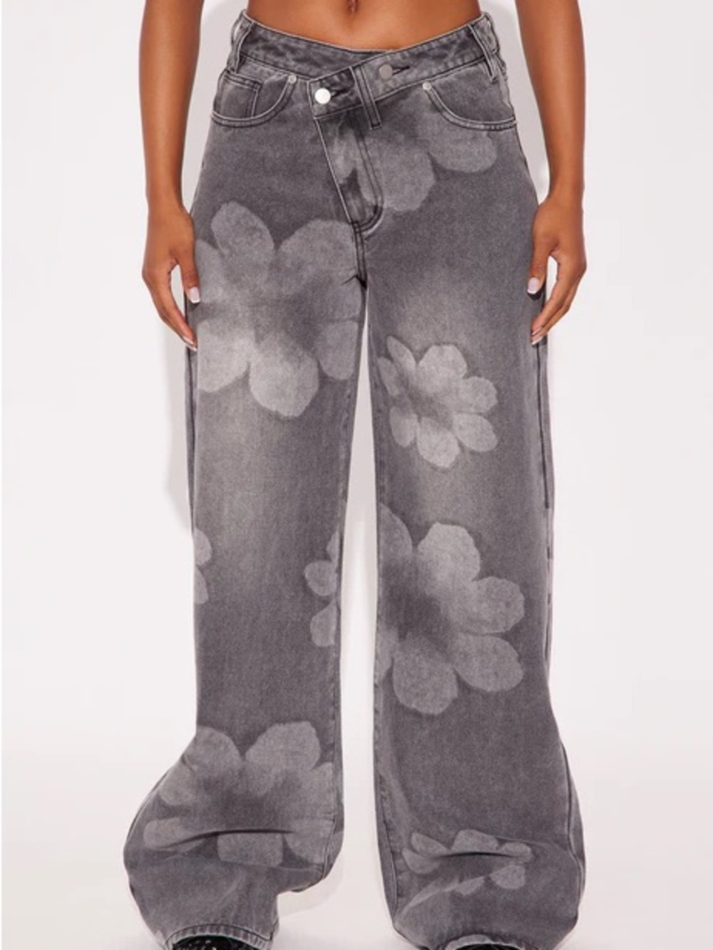 Fashion Nova Gray Floral Wide Leg Jeans